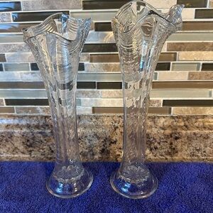 EAPG Antique Sun Glass 11" SWUNG Slung VASE Four Pillars - Set of 2 Vases